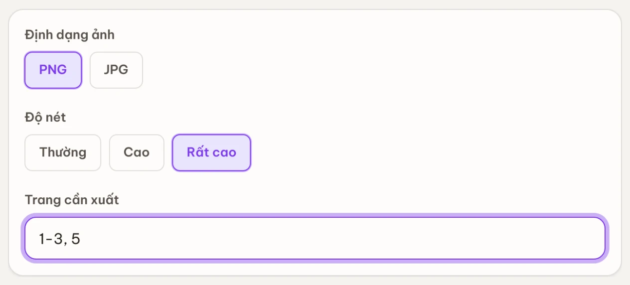 Bảng tuỳ chọn: định dạng PNG hoặc JPG, độ nét, và ô Trang cần xuất