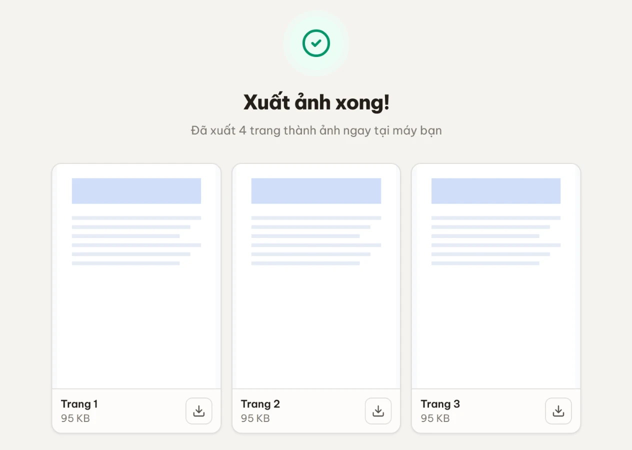 Màn Xuất ảnh xong với lưới ảnh xem trước từng trang, nút Tải về và Tải ZIP