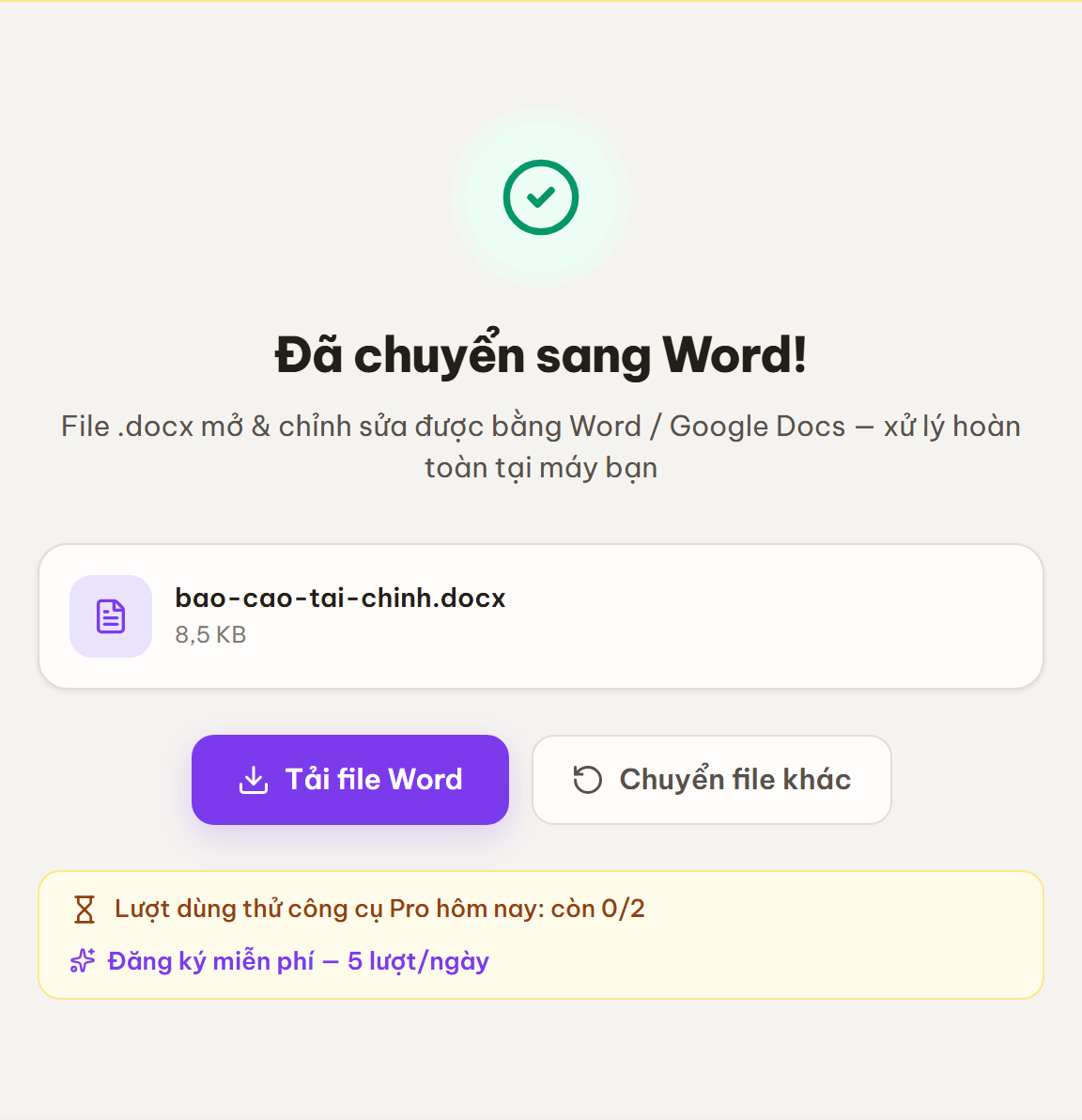 Màn kết quả Đã chuyển sang Word với nút Tải file Word và Chuyển file khác.