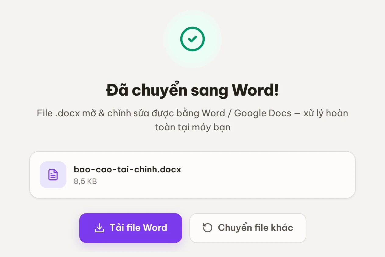 Màn kết quả Đã chuyển sang Word với nút Tải file Word