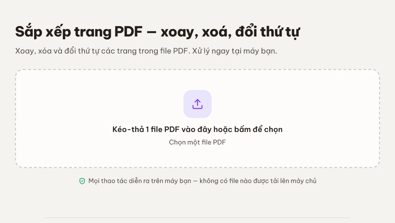 Màn hình công cụ Sắp xếp trang với vùng kéo-thả một file PDF