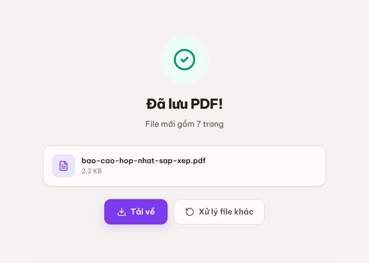 Màn hình kết quả Đã lưu PDF với thẻ file đã sắp xếp và nút Tải về