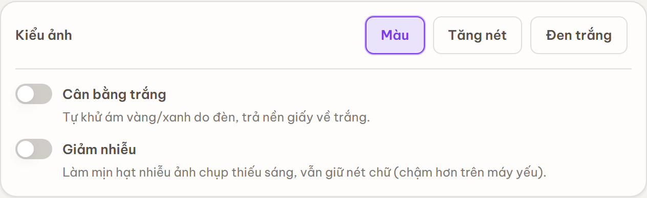 Bảng chọn kiểu ảnh Màu / Tăng nét / Đen trắng kèm tuỳ chọn Cân bằng trắng và Giảm nhiễu