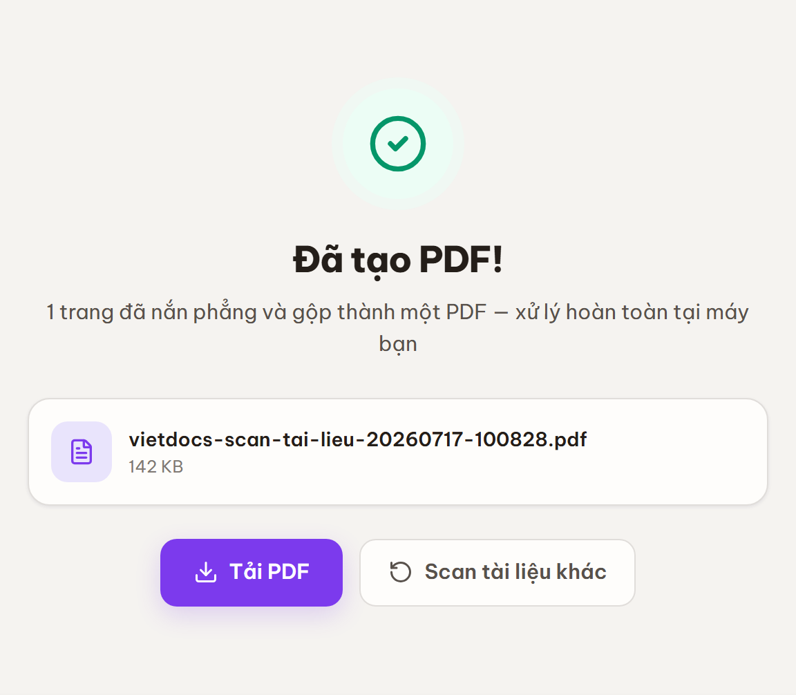 Màn kết quả Đã tạo PDF với tên file và nút Tải PDF