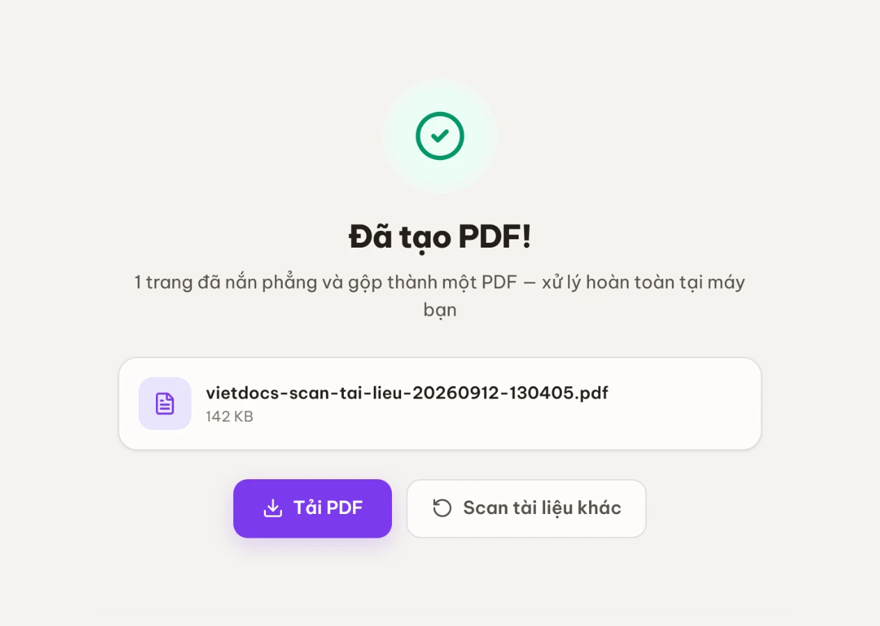 Màn kết quả Đã tạo PDF với nút Tải PDF