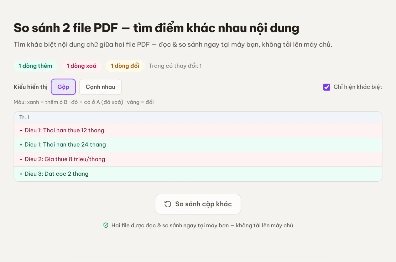 Bảng kết quả tô màu dòng thêm màu xanh, dòng xoá màu đỏ và dòng đổi màu vàng
