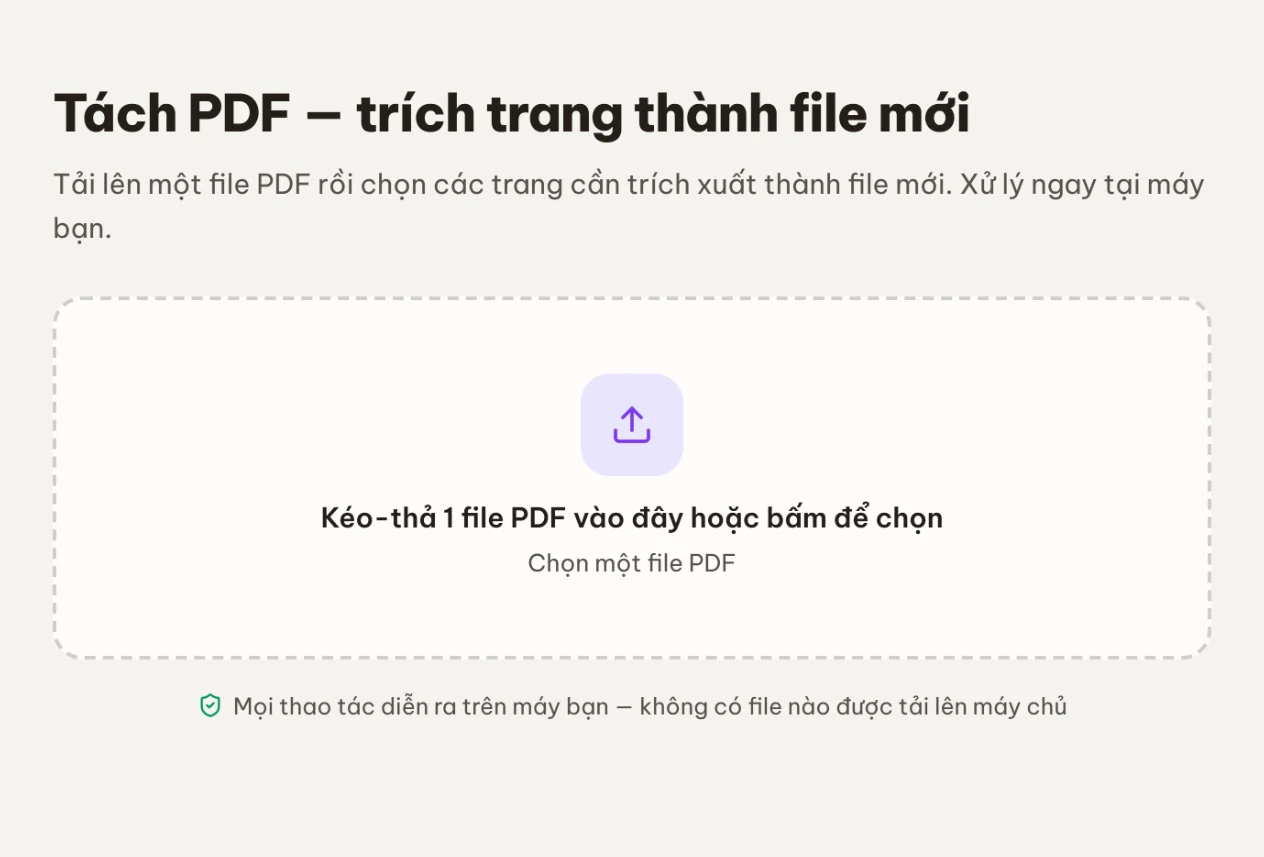Màn chọn file của công cụ Tách PDF với vùng kéo-thả một file PDF