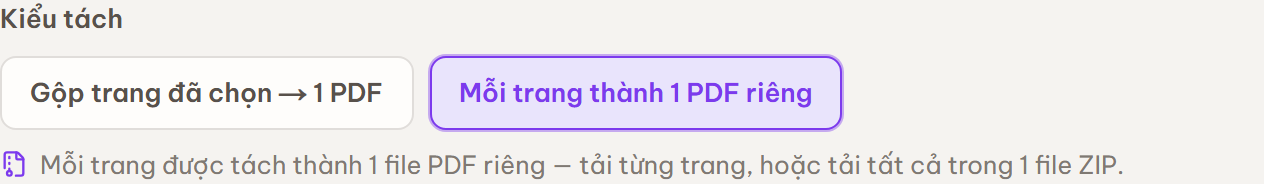 Mục Kiểu tách với hai lựa chọn: Gộp trang đã chọn thành 1 PDF và Mỗi trang thành 1 PDF riêng.