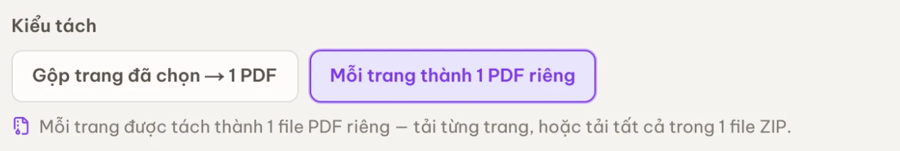 Mục Kiểu tách với hai lựa chọn gộp thành một PDF hoặc mỗi trang một PDF