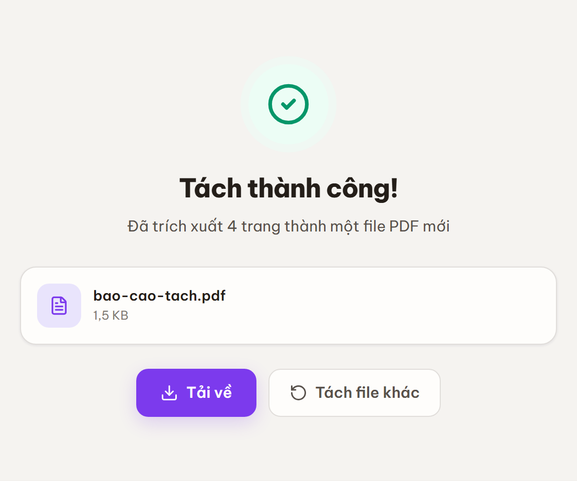 Màn Tách thành công với nút Tải về và Tách file khác.