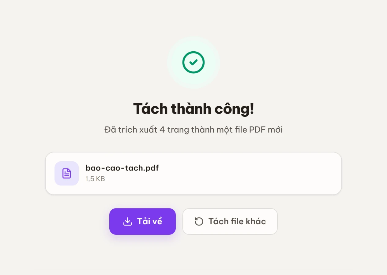 Màn Tách thành công với nút Tải về